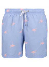 PINK FLAMINGO PRINT, BLUE SWIM SHORTS