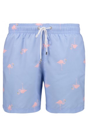 PINK FLAMINGO PRINT, BLUE SWIM SHORTS